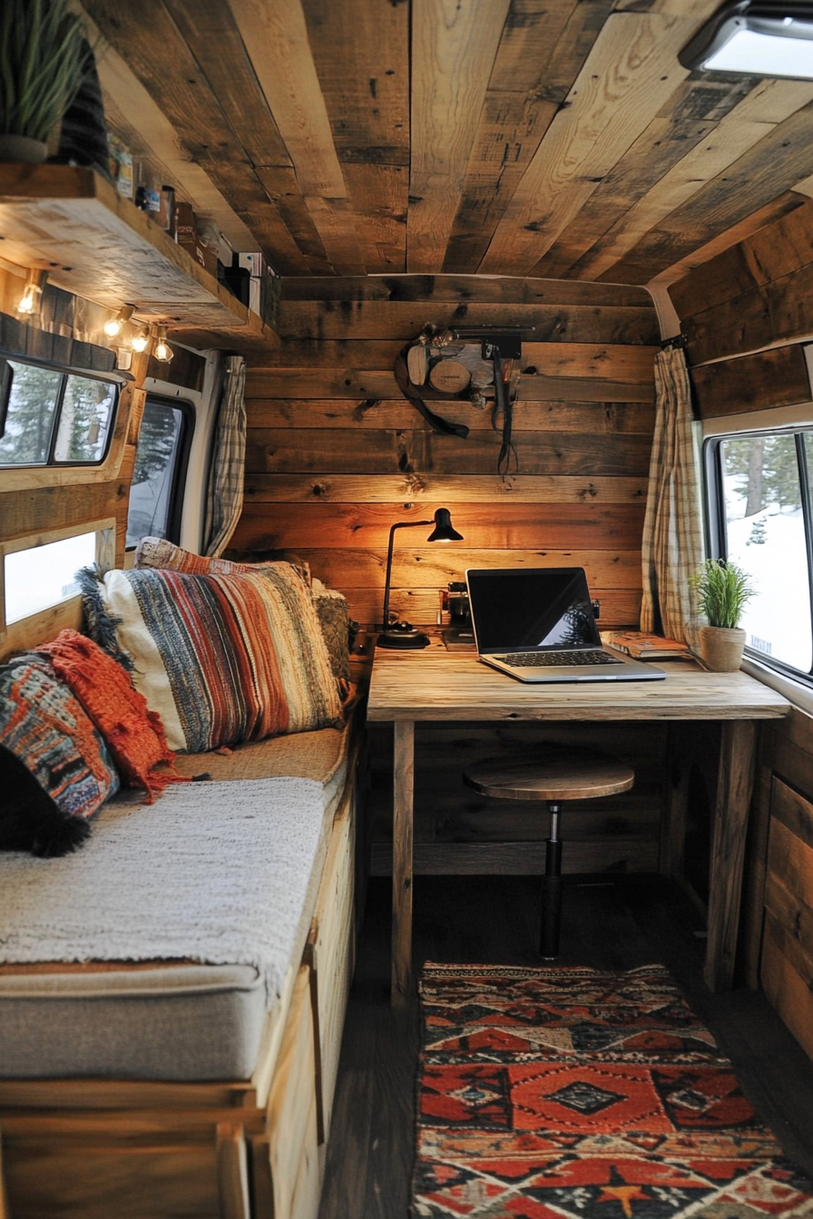 Converted van setup. Camper van with rustic wood interior and pull-out desk.