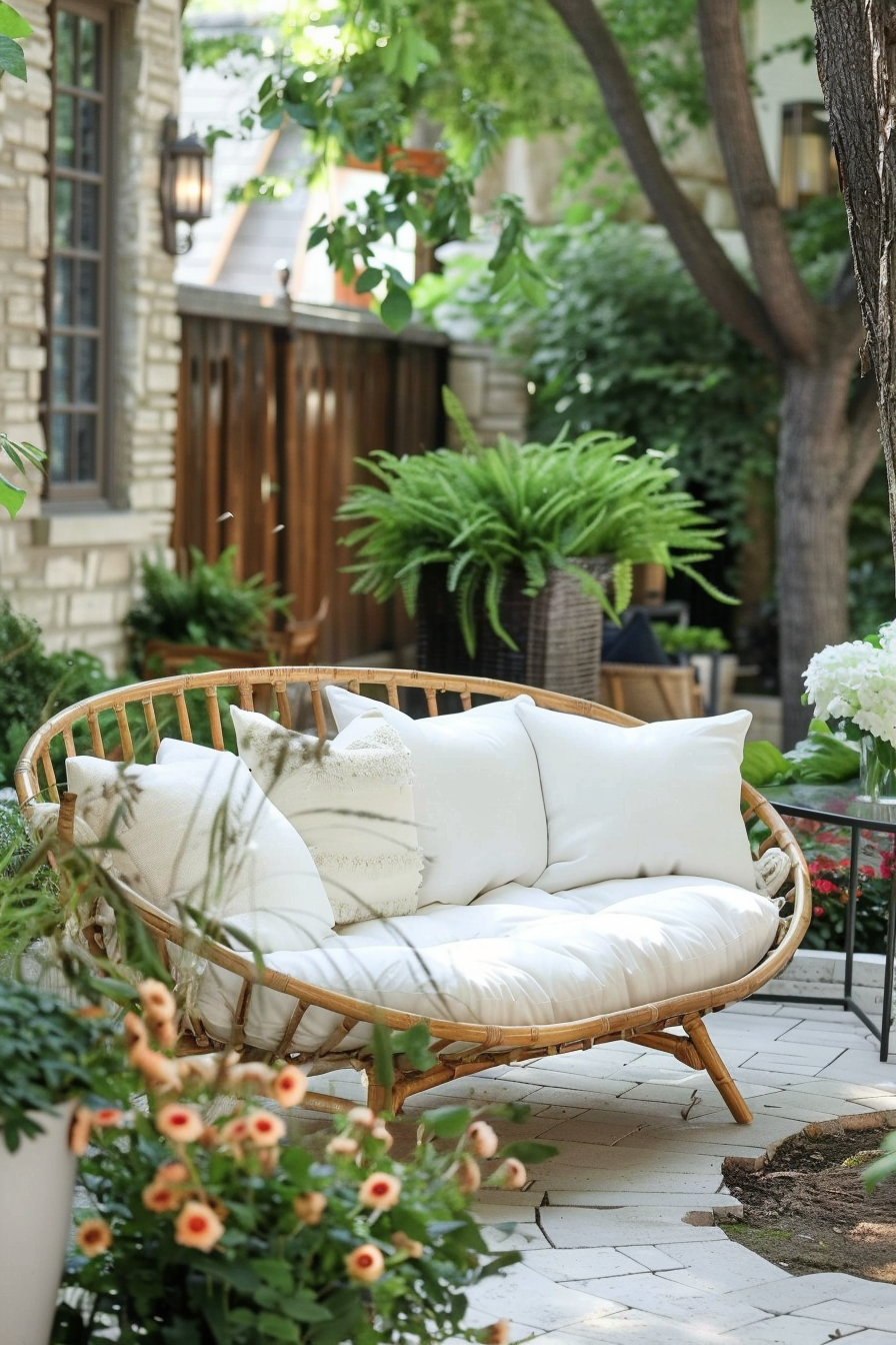 Chic boho patio. Round rattan lounger cushioned with white pillows.