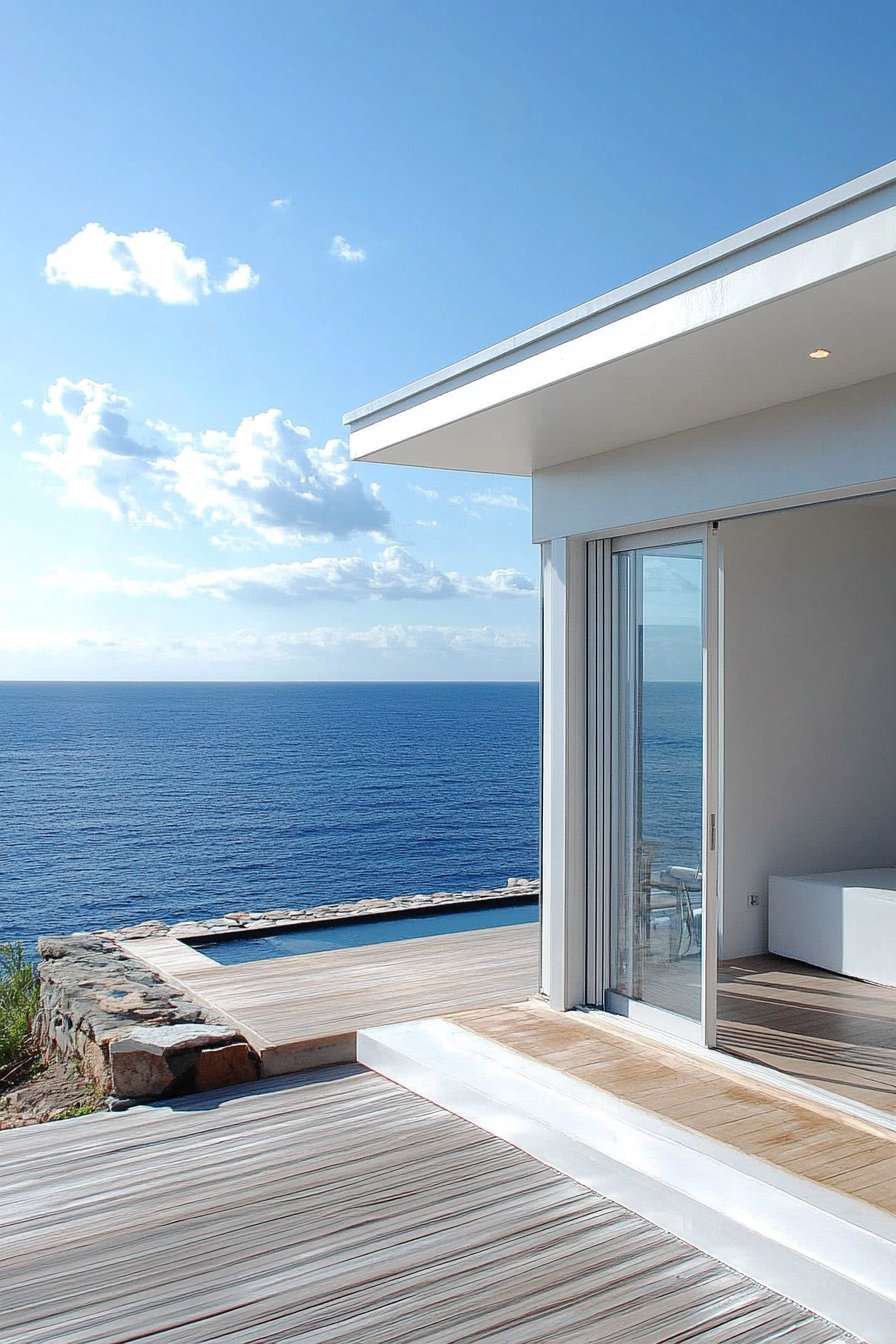 Compact beach house. Exterior monochromatic, sliding glass doors, overlooking azure ocean.