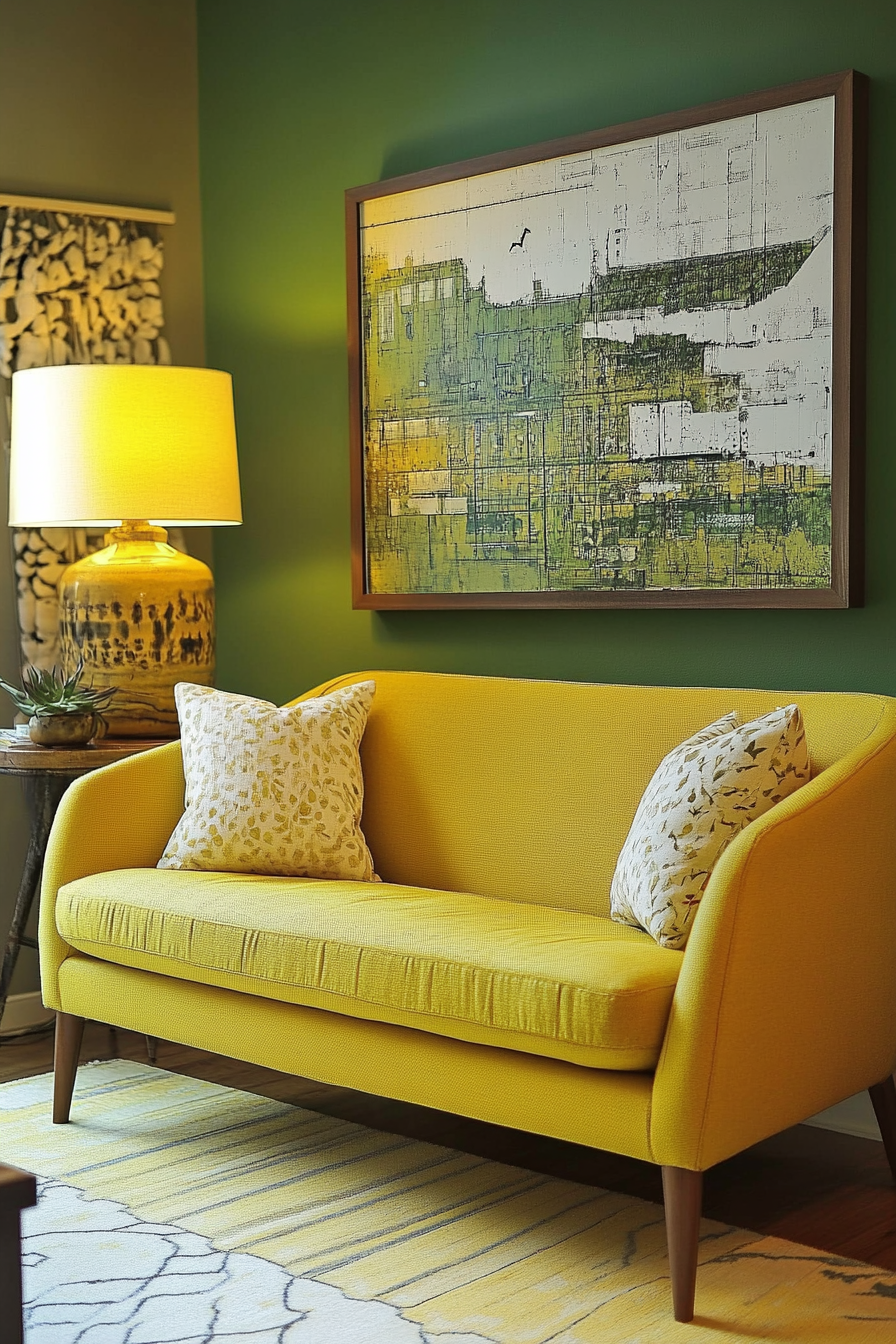 Living room inspiration. Compact, mellow yellow loveseat against chartreuse accent wall.