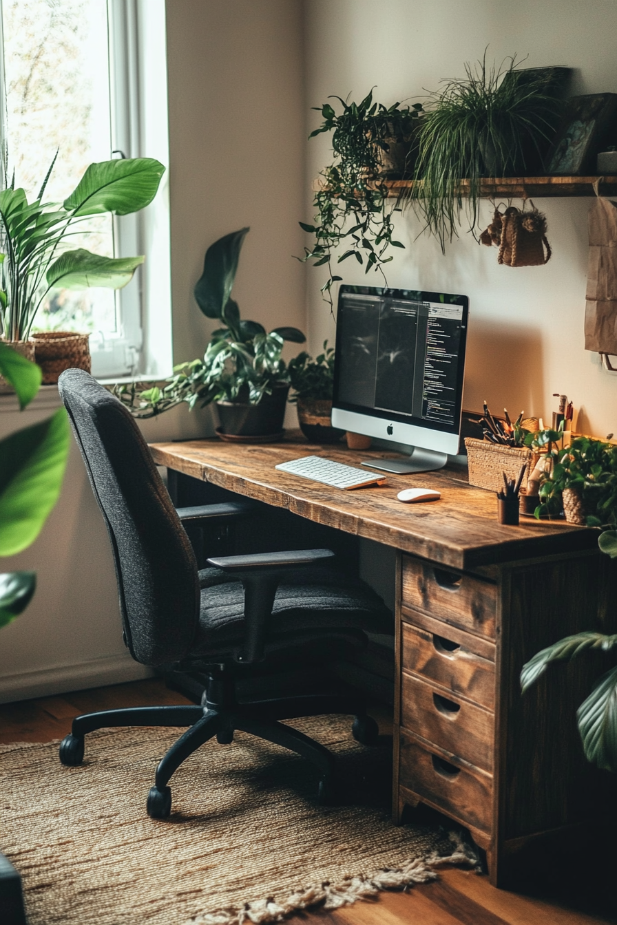 Remote work setup. Farmhouse-style wooden desk with vintage black swivel chair.