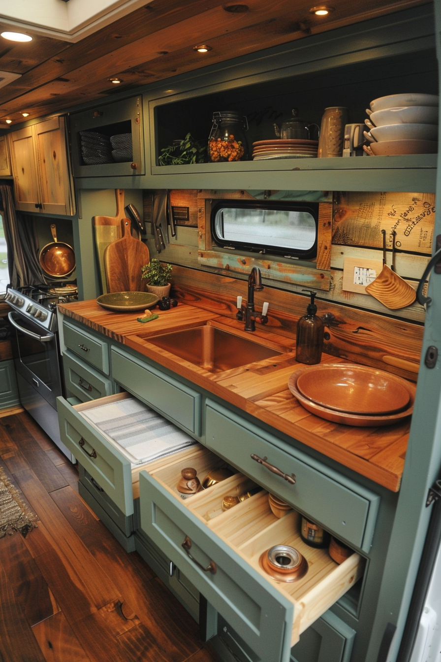 Camper van kitchen. Wood countertop, copper sink, stovetop hidden in a drawer.