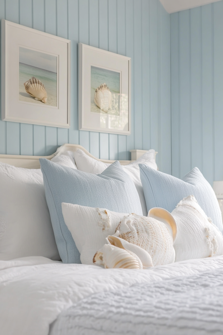 Coastal bedroom. Pale blue wall paint with placed DIY seashell picture frames.