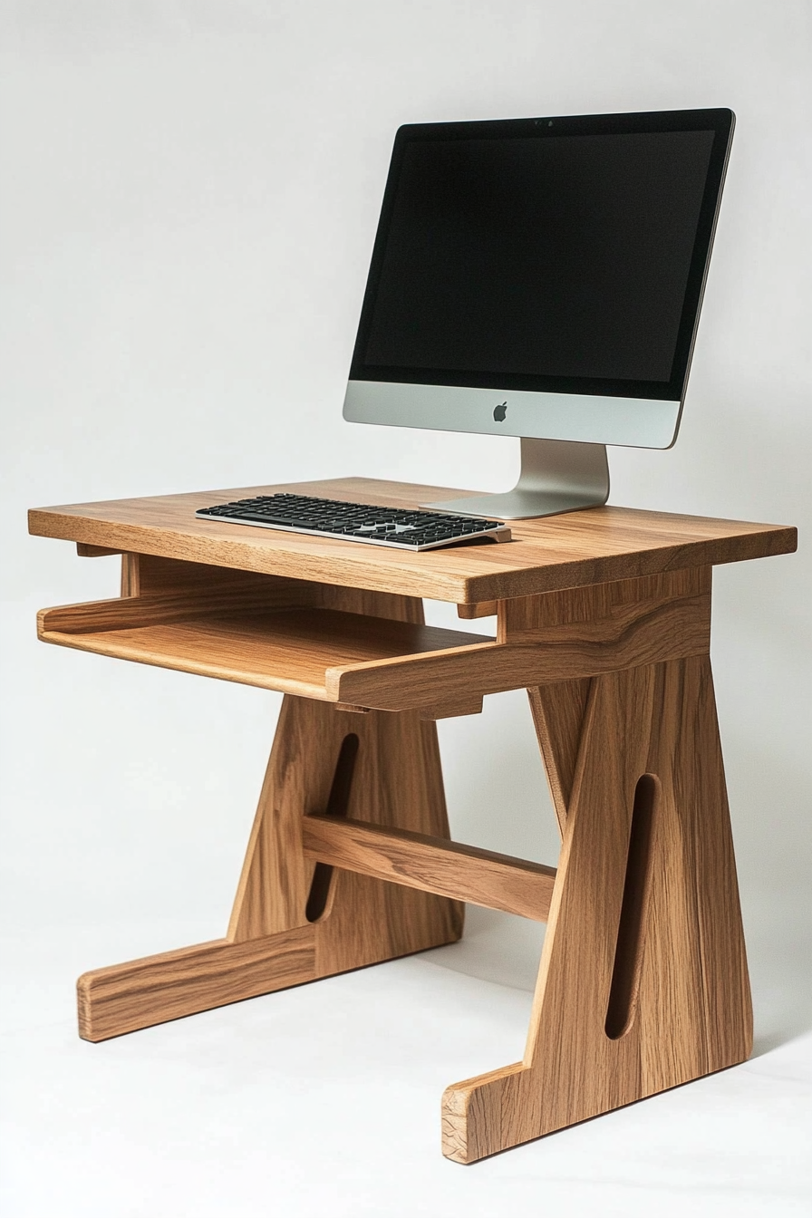 Home office inspiration. Standup oak desk with adjustable monitor riser.