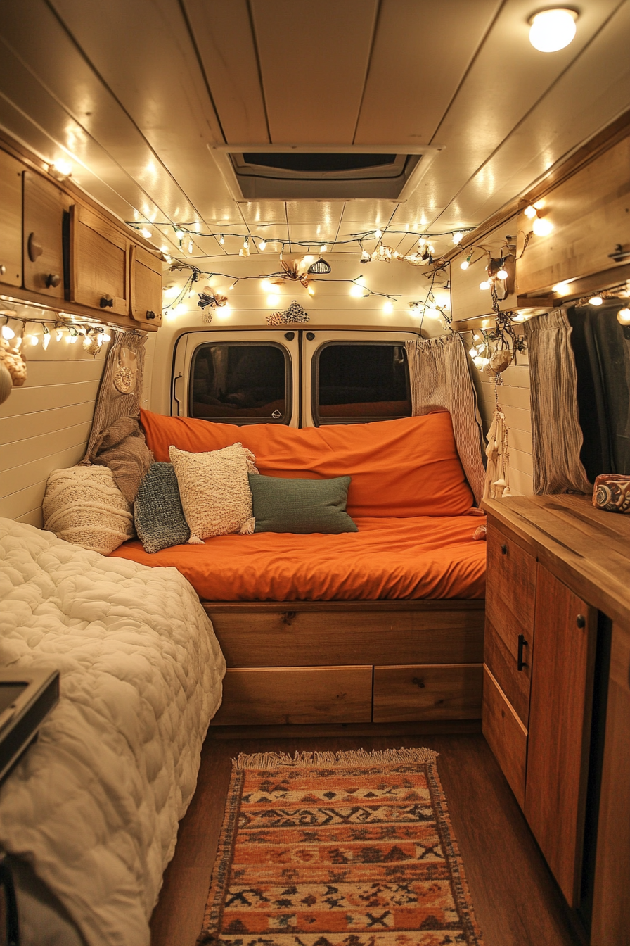 Camper van interior. Cantaloupe orange futon, sandalwood cabinets, seashell string lights.