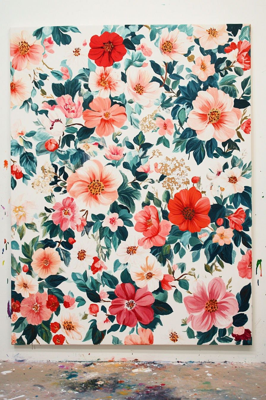 DIY wall decor. Hand-painted floral pattern on canvas.