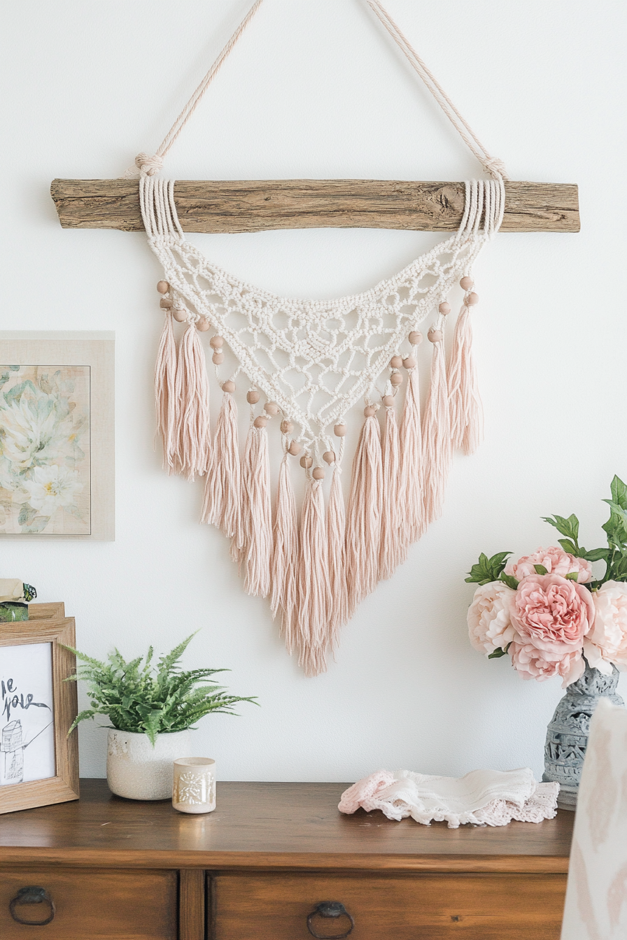 DIY wall decor. Hanging macrame with wooden beads and blush tassels.