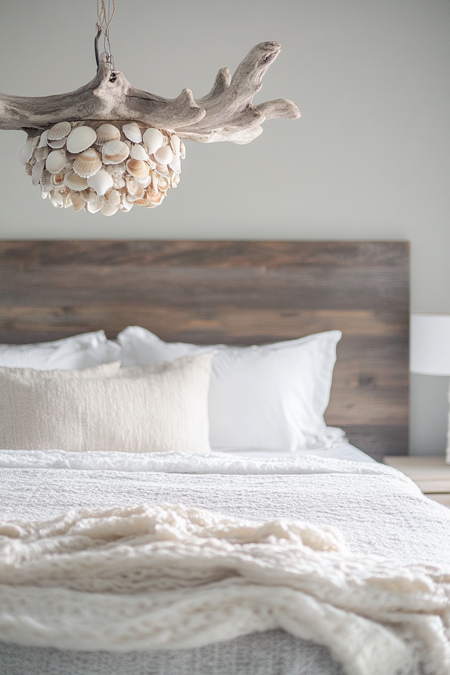 Coastal bedroom. Beachwood bed with DIY seashell lampshade.