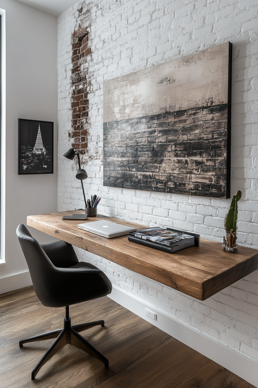 Home Office Inspiration. Floating desk mounted on white brick wall.