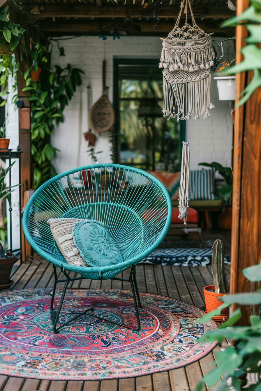 Chic boho patio. Turquoise noodle chair surrounded by hanging macrame planters and an oriental rug.