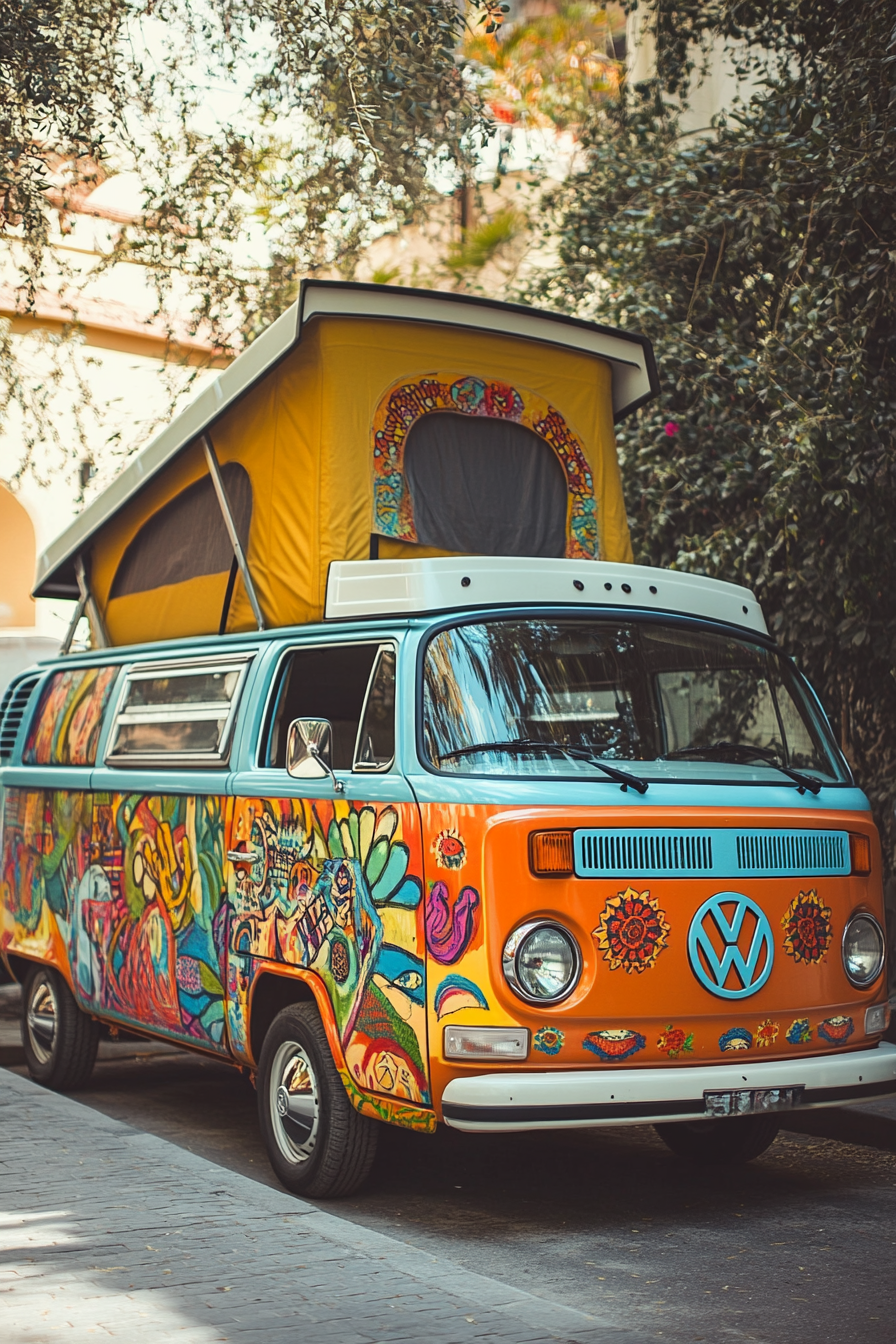 Camper van. Vintage Volkswagen with colorful murals and pop-up office pod.