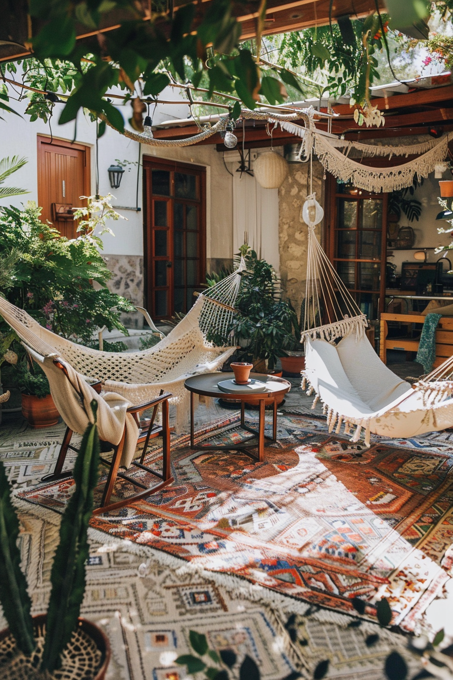 Chic Boho patio. Plants resilience, Macrame hanging chairs, muted tone, geometric rugs.