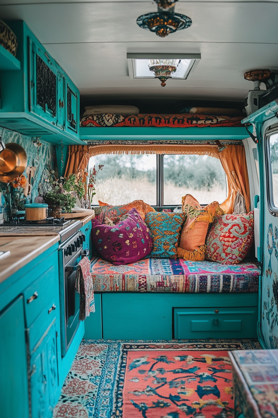 Camper interior. Turquoise kitchenette with vibrant, Moroccan-inspired floor cushions.