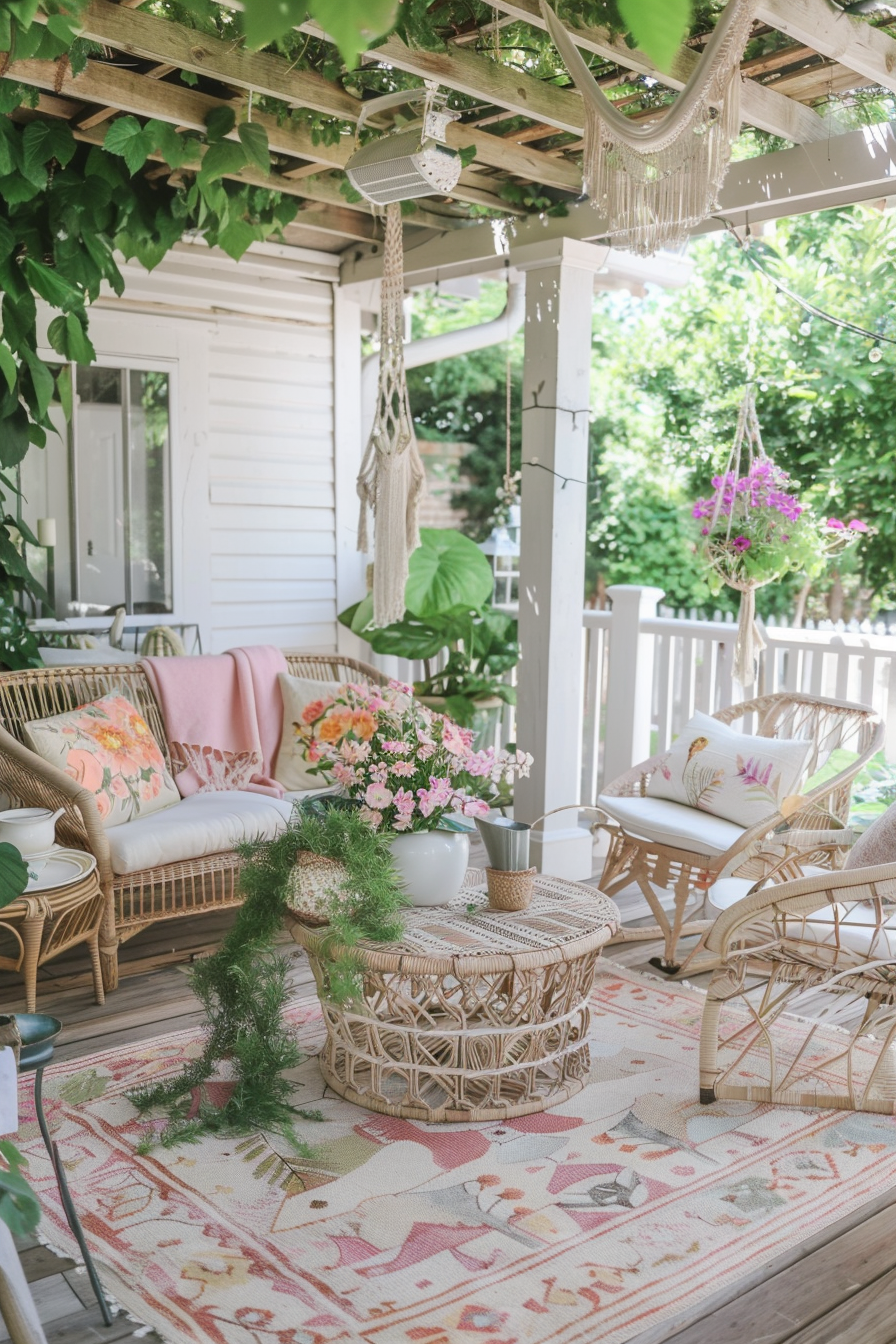 Chic boho patio. Rattan furniture with pastel floral cushions, hanging macramé and lush greenery.