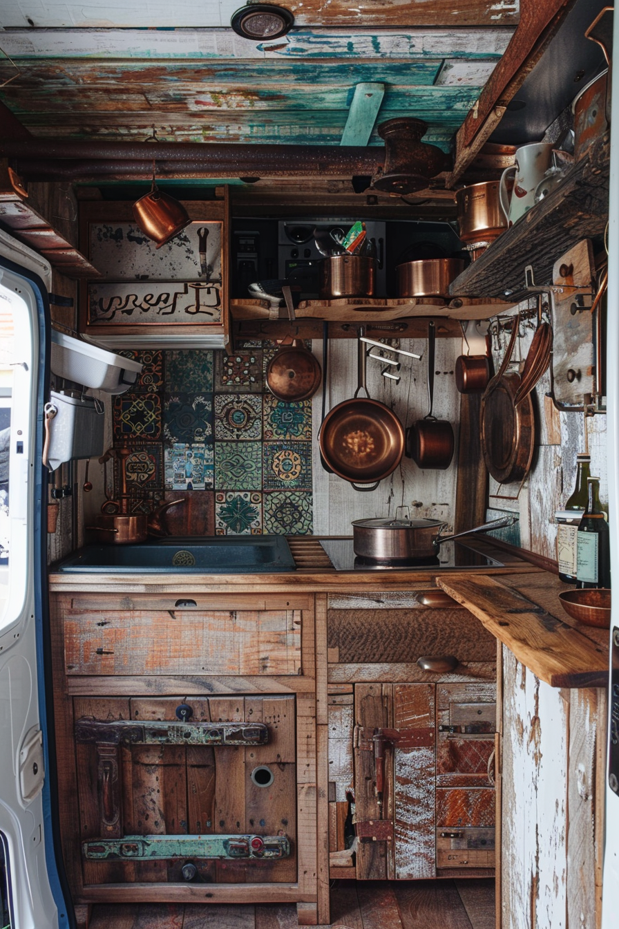 Camper van kitchen. Aged reclaimed wood cabinets and copper cookware.