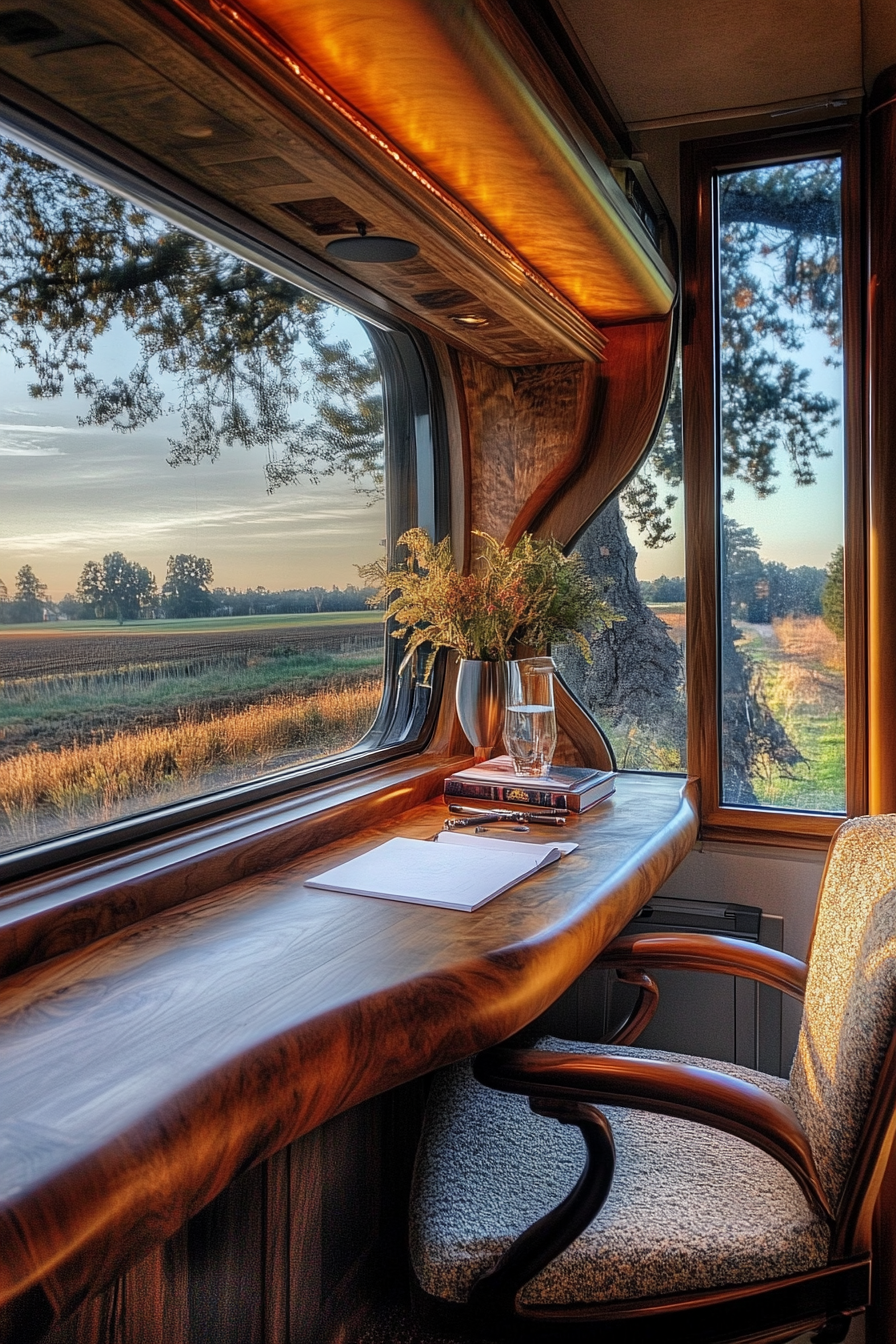 Mobile office in RV. Built-in mahogany desk against panoramic window.