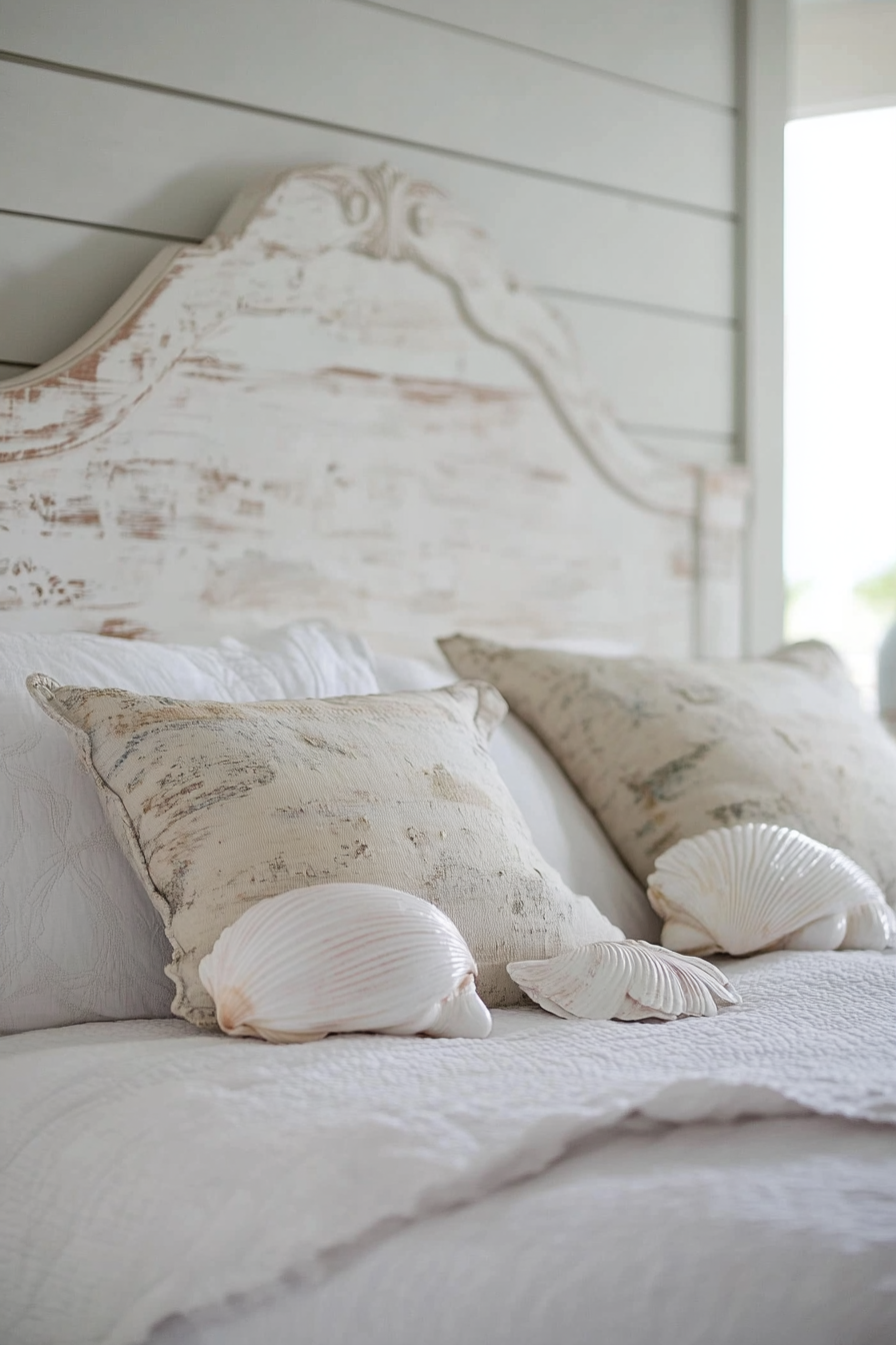 Coastal bedroom. White distressed wood headboard with hand-painted seashells.