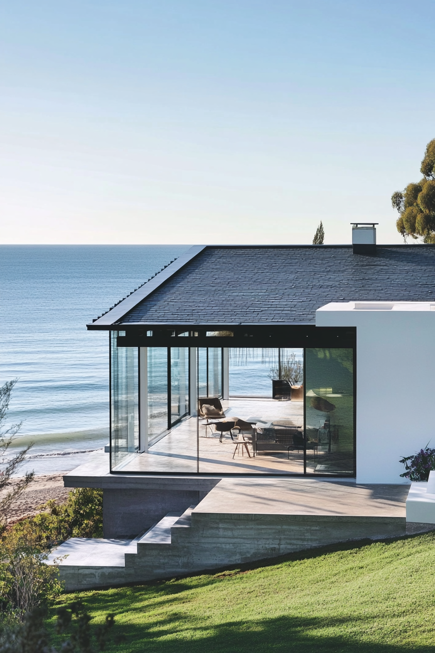 Compact beach house. Slate grey roof, white walls, full-length glass façade towards the ocean.