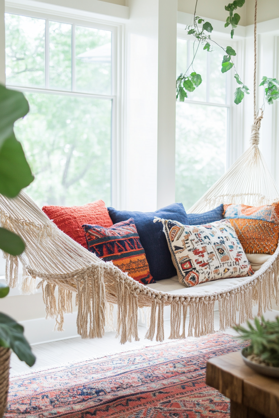 Boho living room inspiration. Macrame hammock with vibrant red, indigo, and orange throw pillows.