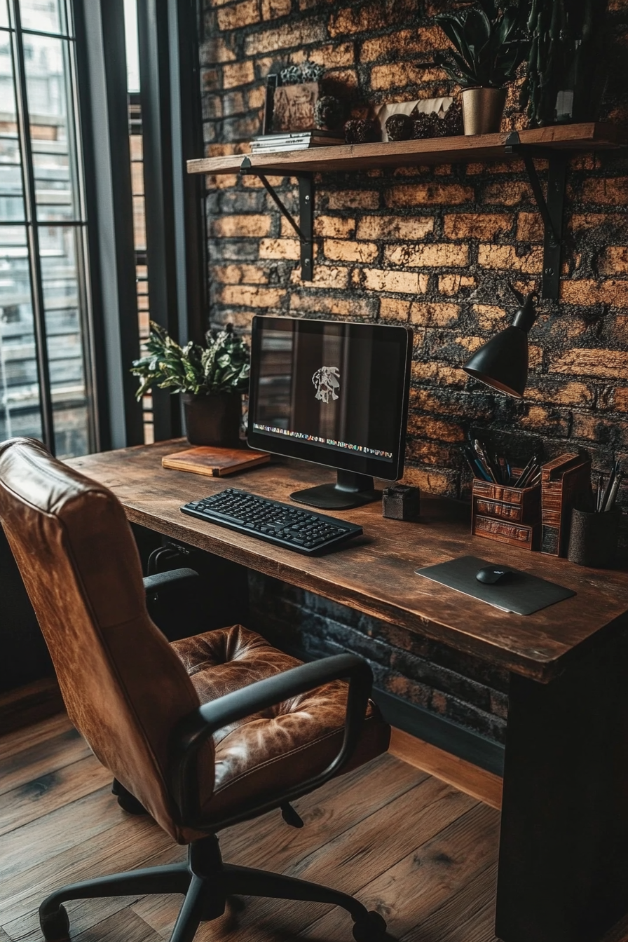 Home office inspiration. Industrial style desk with high-back leather chair.