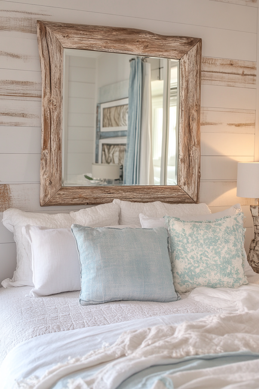 Coastal bedroom. DIY distressed driftwood wall mirror.