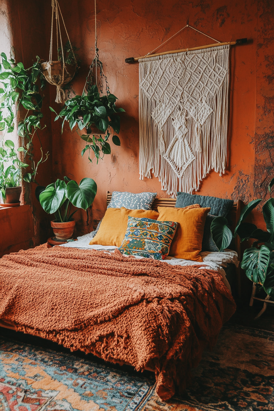 Earthy Boho Bedroom. Warm terracotta walls, macrame hangings, and potted Monstera deliciosa.