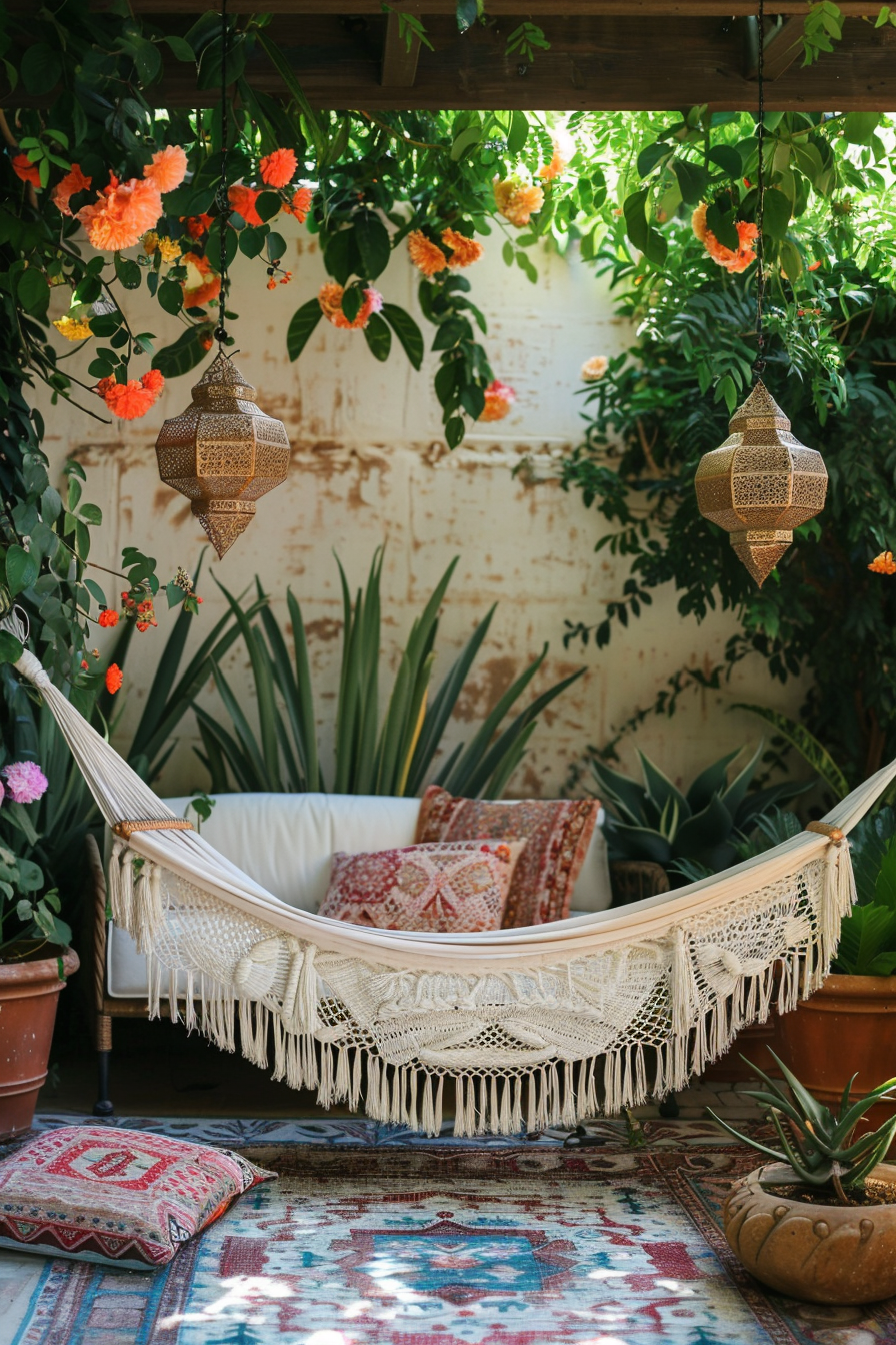 Chic Boho Patio. Moroccan lanterns, white macrame hammock, colorful cushions, and terracotta planters.