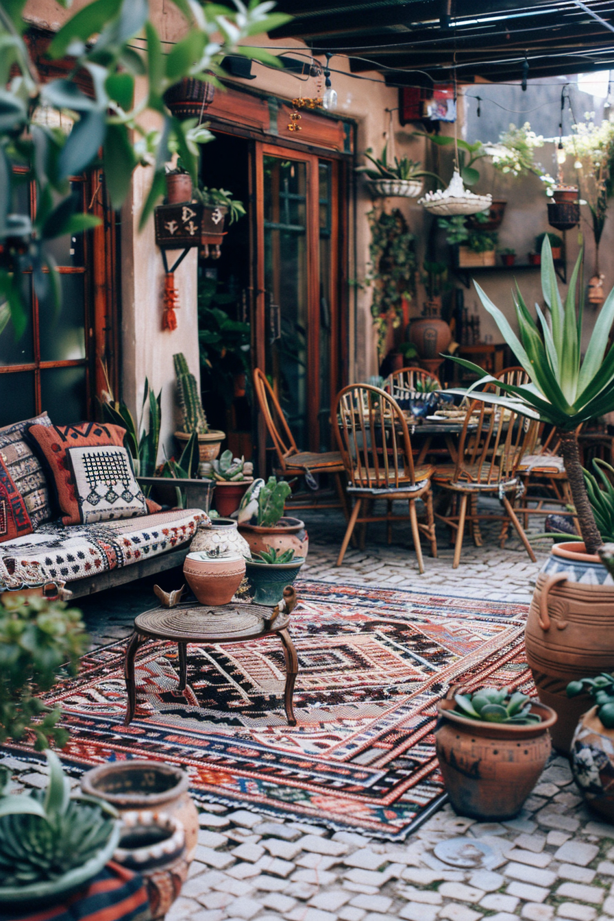 Chic boho patio. Muted Turkish rug, rattan furniture, scattered clay pots with succulents.