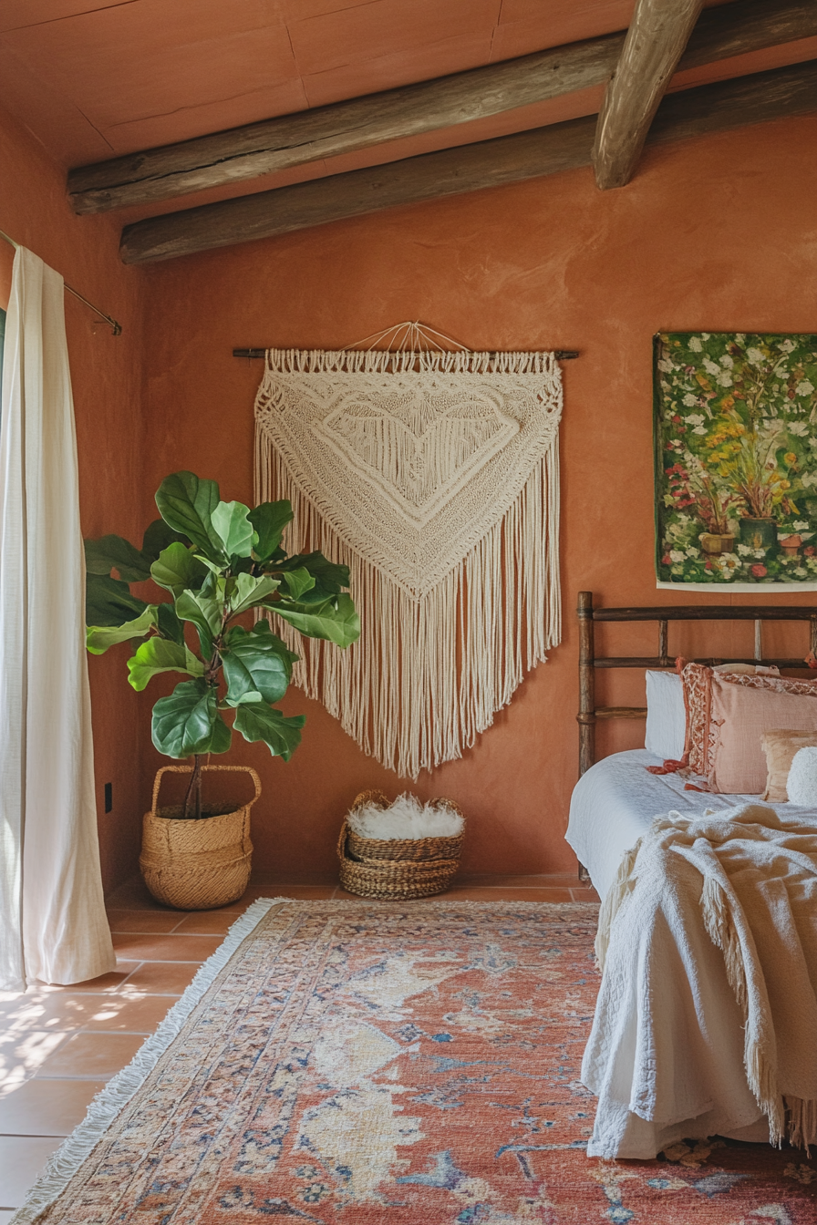 Earthy Boho Bedroom. Wide view with terracotta walls, macrame wall hangings, and large fiddle leaf fig plant.