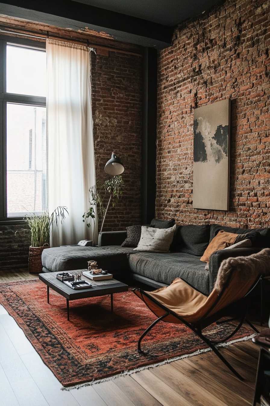 Urban tiny living room. Minimalist furnishing against exposed brick walls.