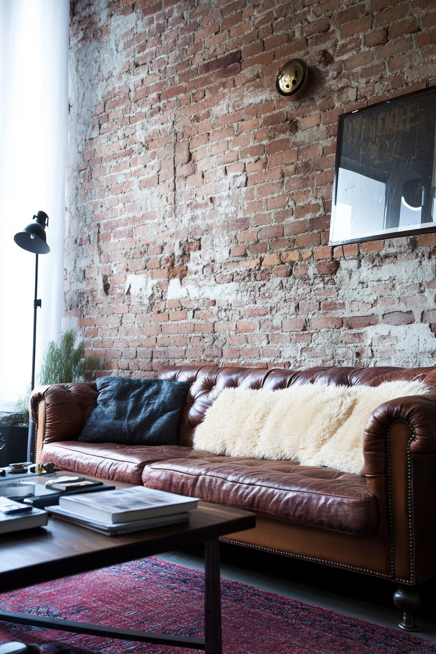 Urban tiny living room. Exposed-brick wall with a vintage brown leather couch.