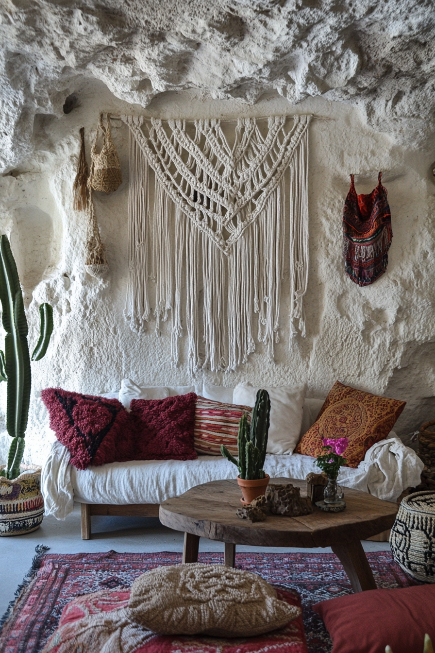 Boho living room. Macrame wall hangings on sandstone wall.