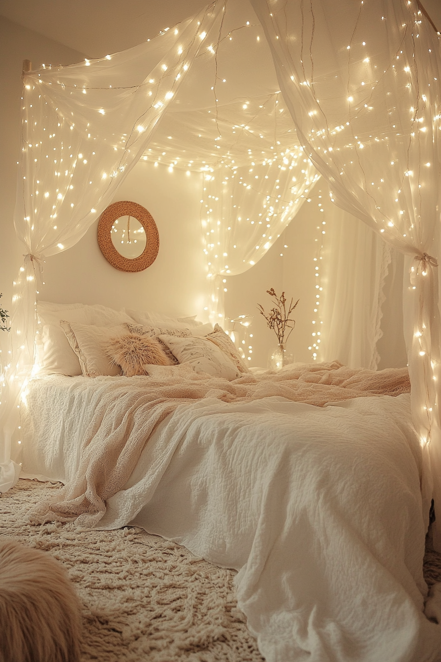 Boho whimsical bedroom. Canopy bed decorated with warm ivory fairy lights.