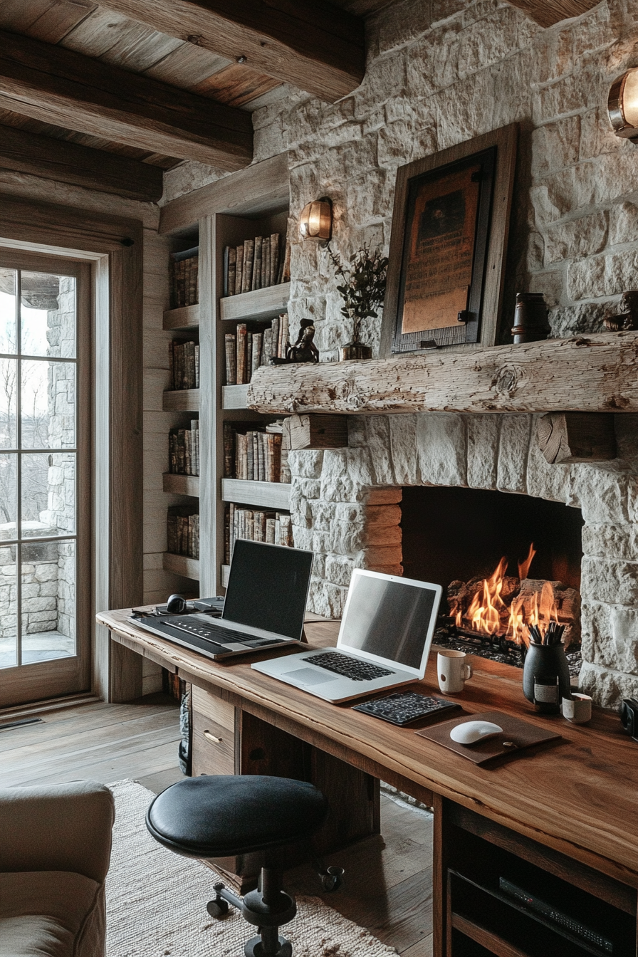 Remote work setup. Rotary oak desk near limestone fireplace.