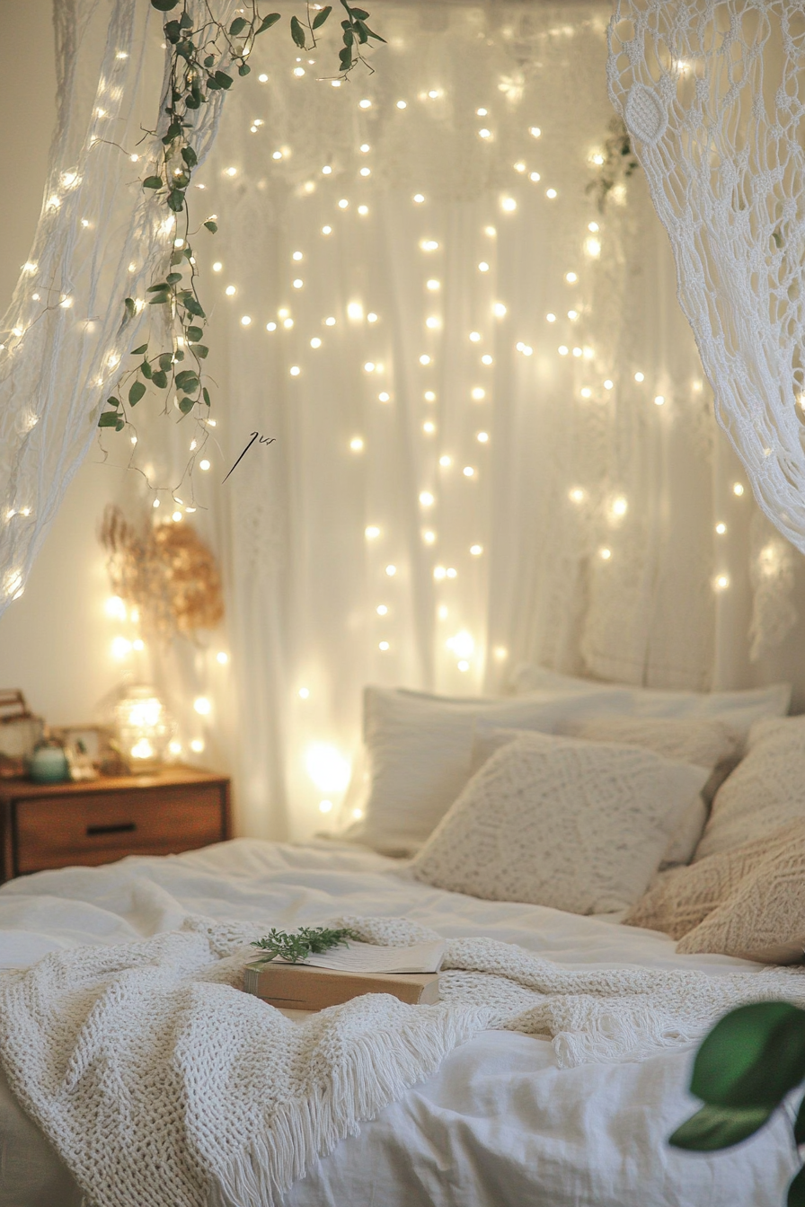 Boho whimsical bedroom. White macramé tapestry with hanging fairy lights.