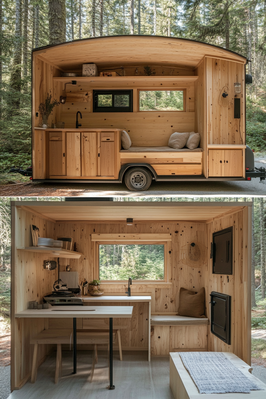 Split image. Tiny house camper interior with wooden details, exterior with forest background.