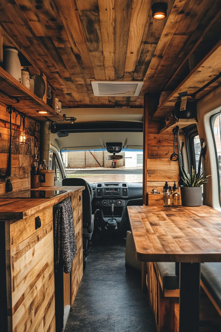 Camper van. Rustic wood finish with exposed industrial pipelines.