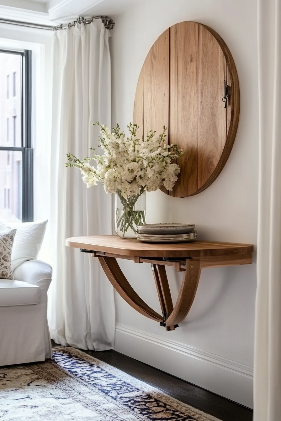 Living room inspiration. Wall-mounted folding table under a floating shelf.