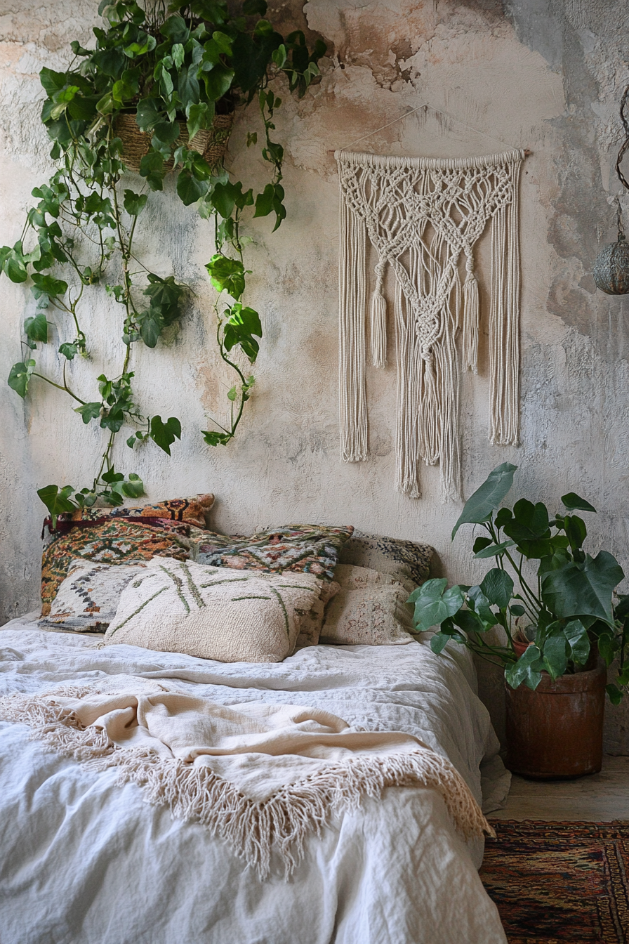 Earthy Boho bedroom. Green plants, near a cream macramé wall hanging on a mud wall.