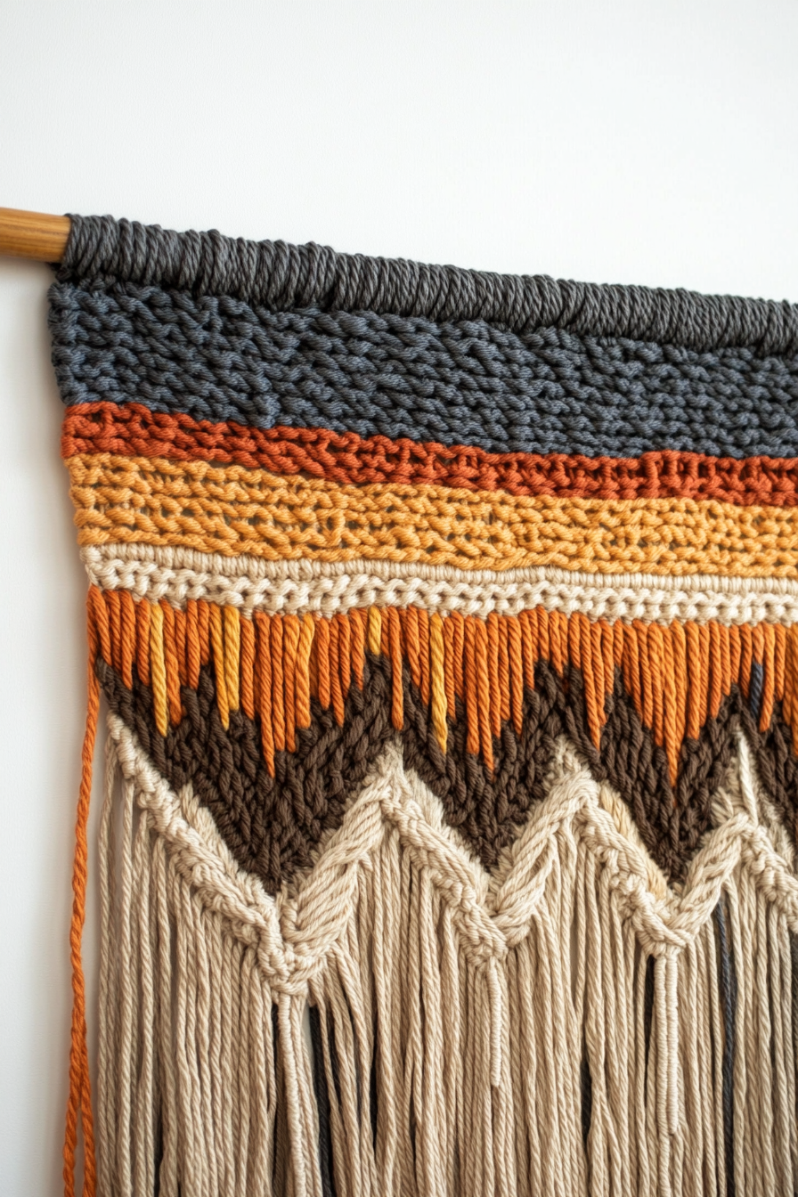 DIY wall decor. Yarn macramé tapestry with earth-toned hues.