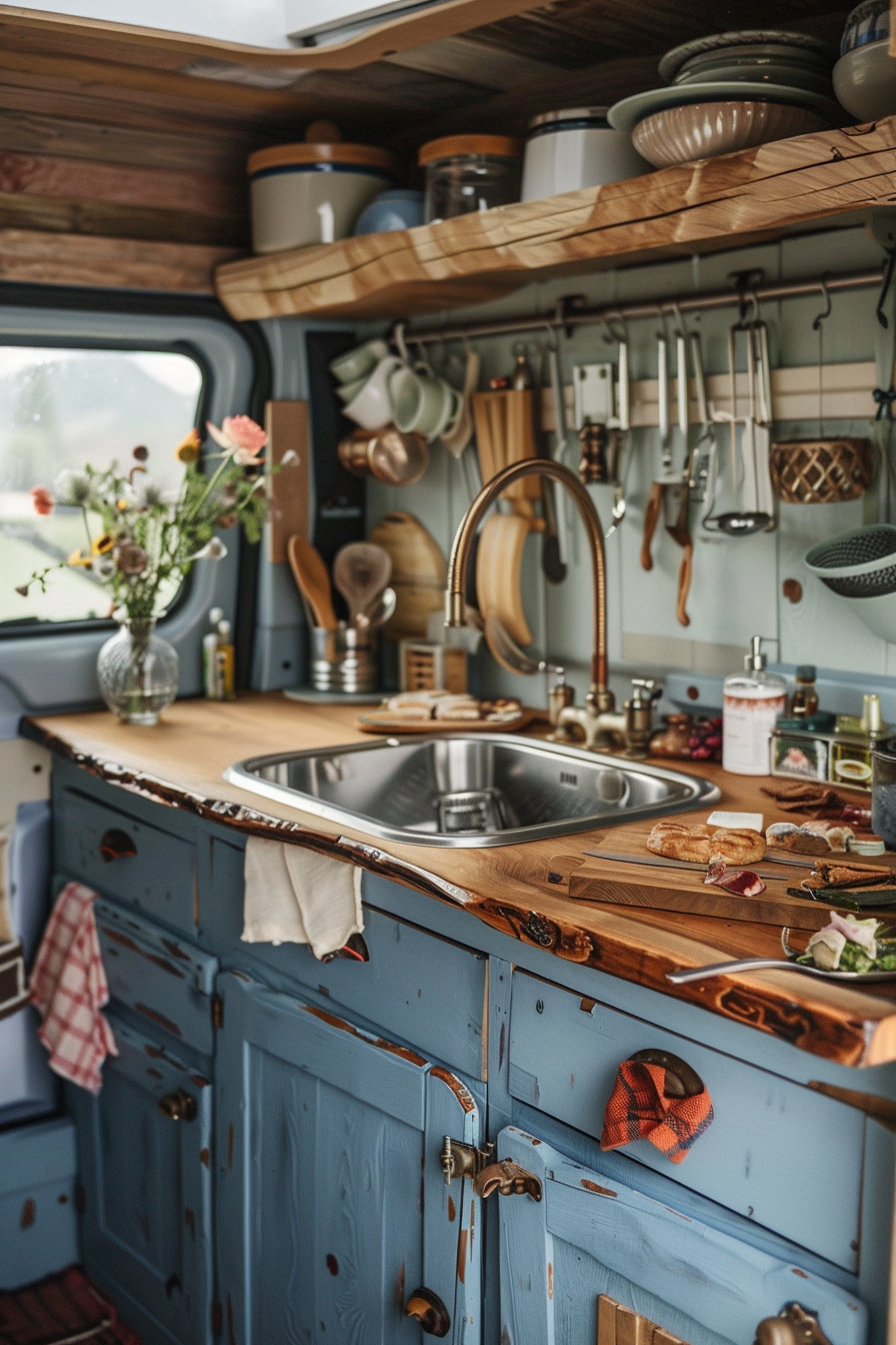 Camper Van Kitchen. Worn-wood counter and vintage blue cabinetry.