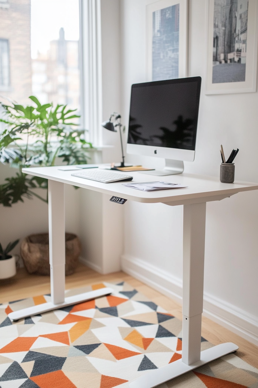 Home Office Inspiration. Minimalist standing desk with geometric rug.