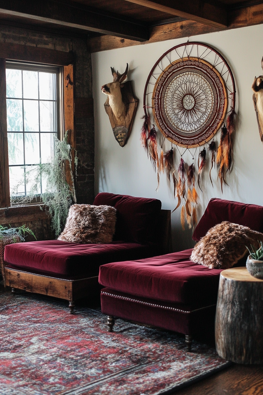 Living room inspiration. Dream-catcher above velvet maroon chaise lounges.