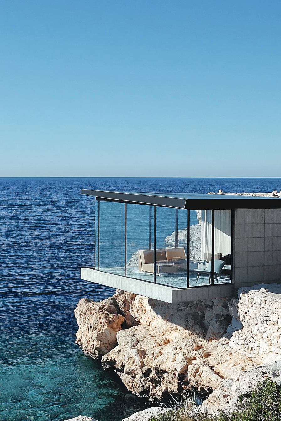 Compact beach house. All-glass exterior exposing vast, crisp blue ocean.