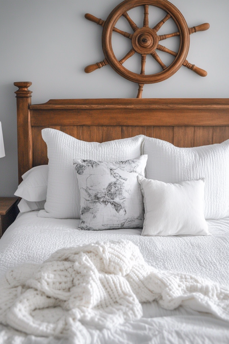 Coastal bedroom DIY decor. Faulted ship wheel as wall hangings.