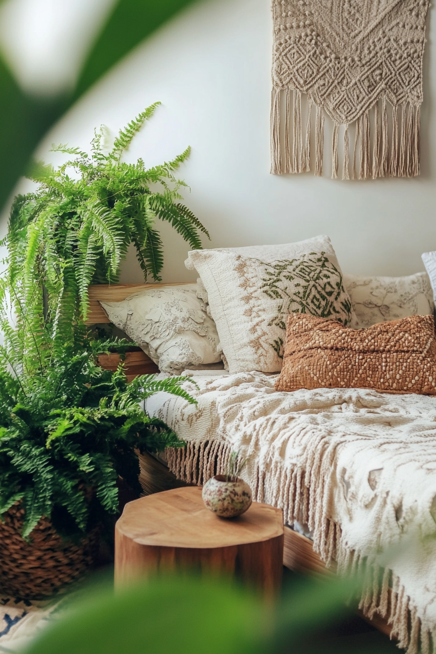 Earthy boho bedroom. Potted ferns surrounding a mango wood bed.