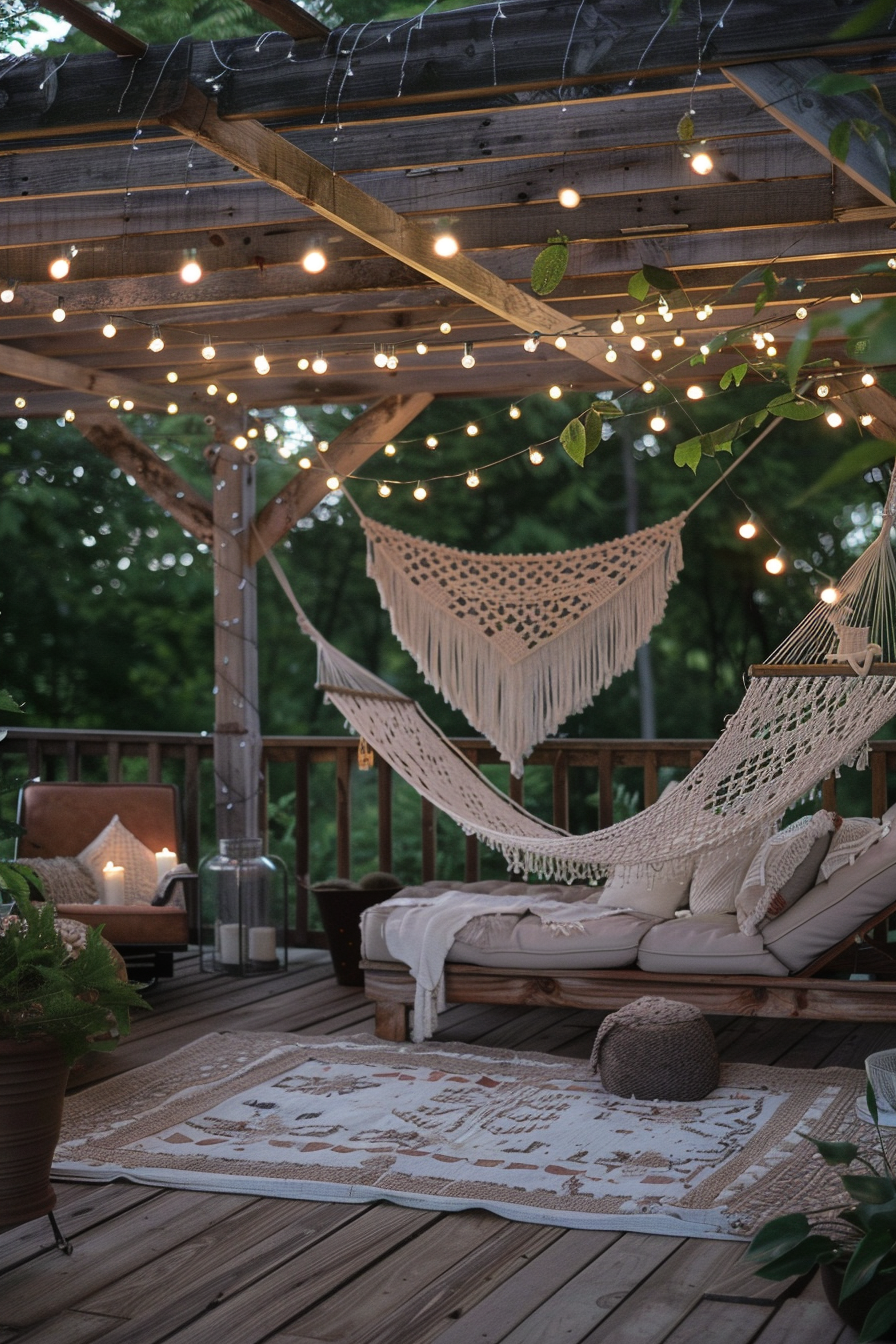 Chic Boho patio. Wooden pergola adorned with fairy lights and white macrame hangings.