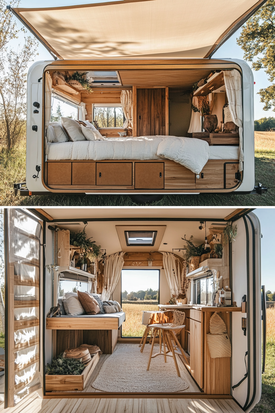 Split image. Tiny House Camper's interior with lofted bed, exterior with retractable awning.