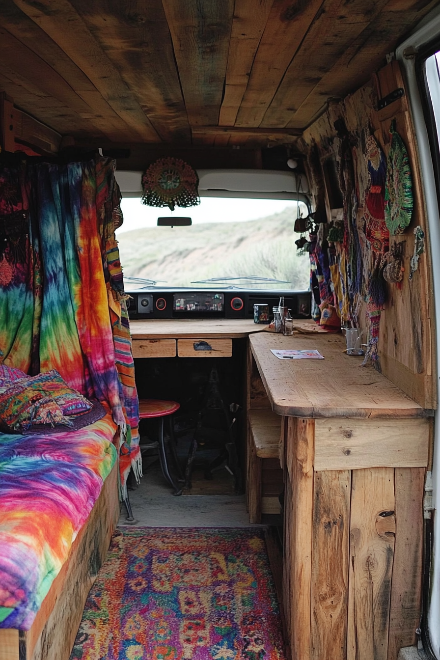 Hippie Camper Van. Muted tie-dye exterior with rustic built-in desk.