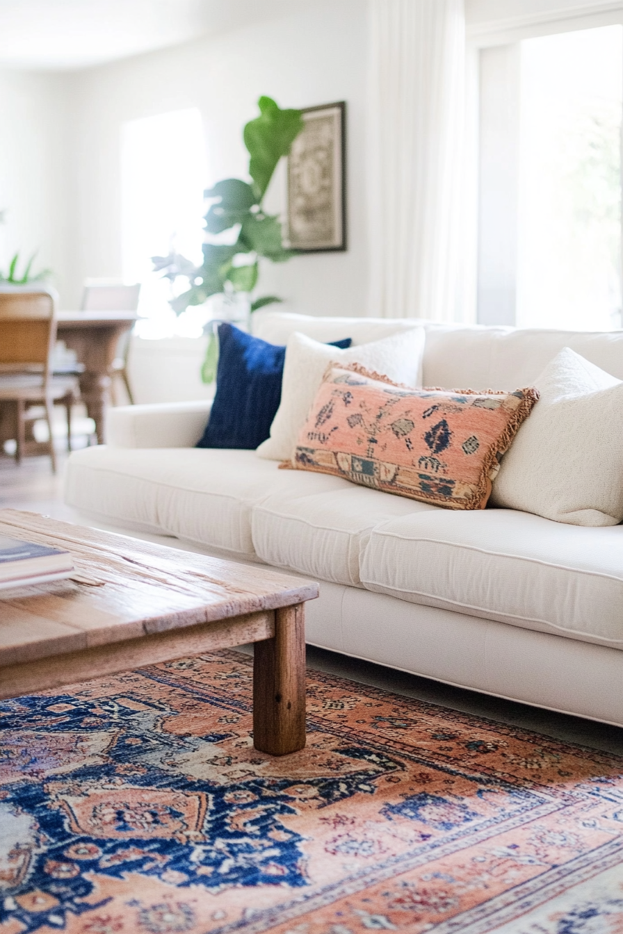 Boho Living Room Inspiration. A Worn Persian rug with shades of fossil blue and taffy pink.